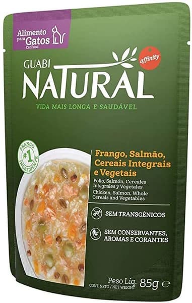 Guabi Natural Sobre para gatos con cereales integrales, Pollo, salmón, cereales integrales y vegetales